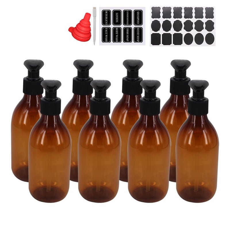zmybcpack 8 Pack 8OZ Empty Plastic Pump Lotion Bottles with 1 Pen, Labels & Silicone Funnel, Amber Color Lotion Dispenser with Locking Lotion Pump for Body Wash, Shampoo, Massage Lotion, Gel - Image 1